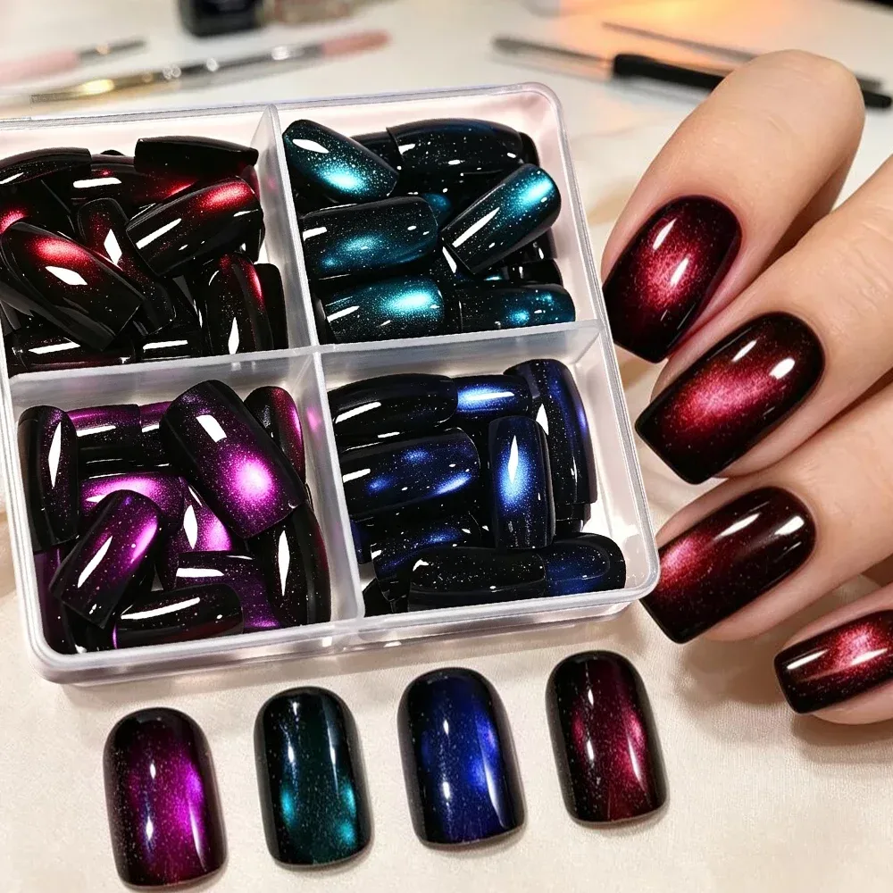 96 Stück/Box Kurze, quadratische Cat-Eye-Press-On-Nägel, 4 Farben, glänzende Glitzer-Cat-Eye-French-Kunstnägel, vollflächige Acryl-Kunstnägel, Y2K