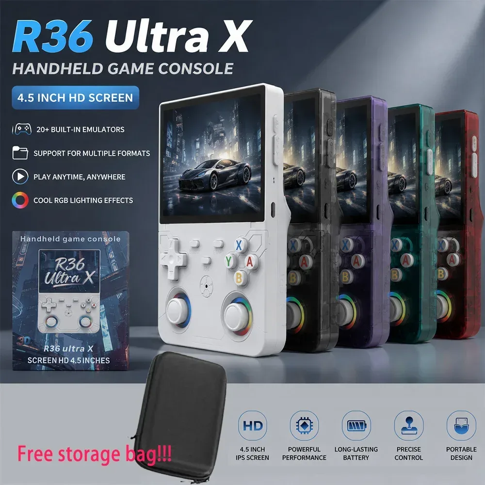 Neue R36 Ultra X Retro-Videospielkonsole 4,5-Zoll-IPS-Bildschirm Linux-System 128GB Vorinstalliertes Gaming-System Tragbarer Handheld-Player Li