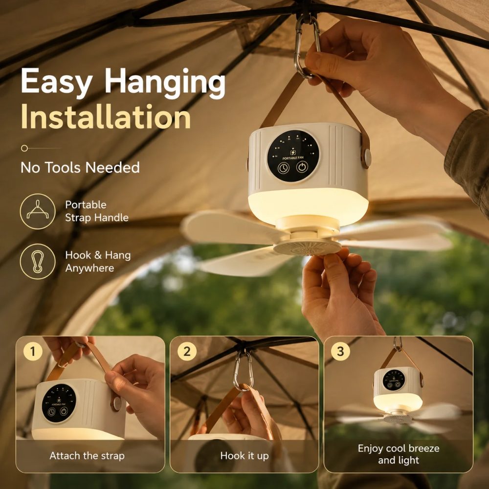 2026 Neuer Tragbarer Aufladbarer Deckenventilator Kabelloser USB-Hängeventilator für Studentenwohnheime, Betten und Outdoor-Camping