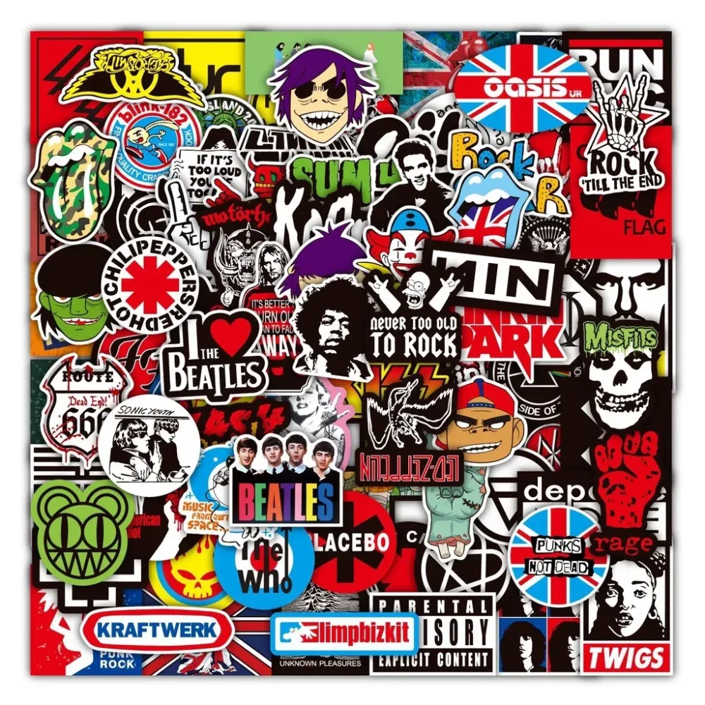 100 Rock-and-Roll-Musikband-Aufkleber, Punk-Graffiti-Sticker für Laptop, Gitarre, Helm, Gepäck, goldene Erinnerungsaufkleber