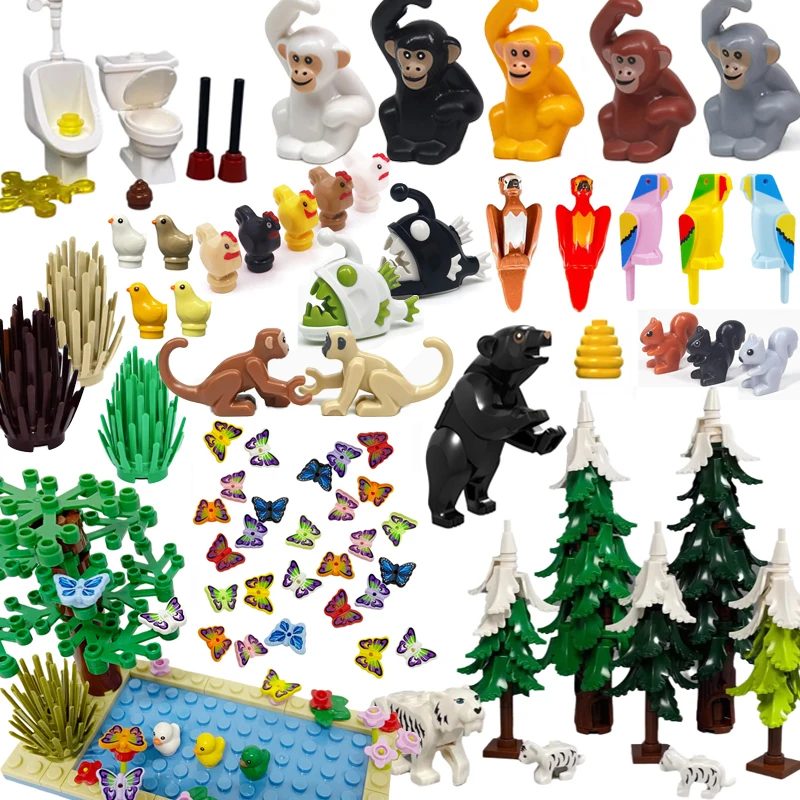 MOC City Tier-Bausteine Schmetterling Insekt Vogel Katze Affe Bär Krokodil Kuh Winter Tannenbaum Montage-Bausteine Spielzeug N15