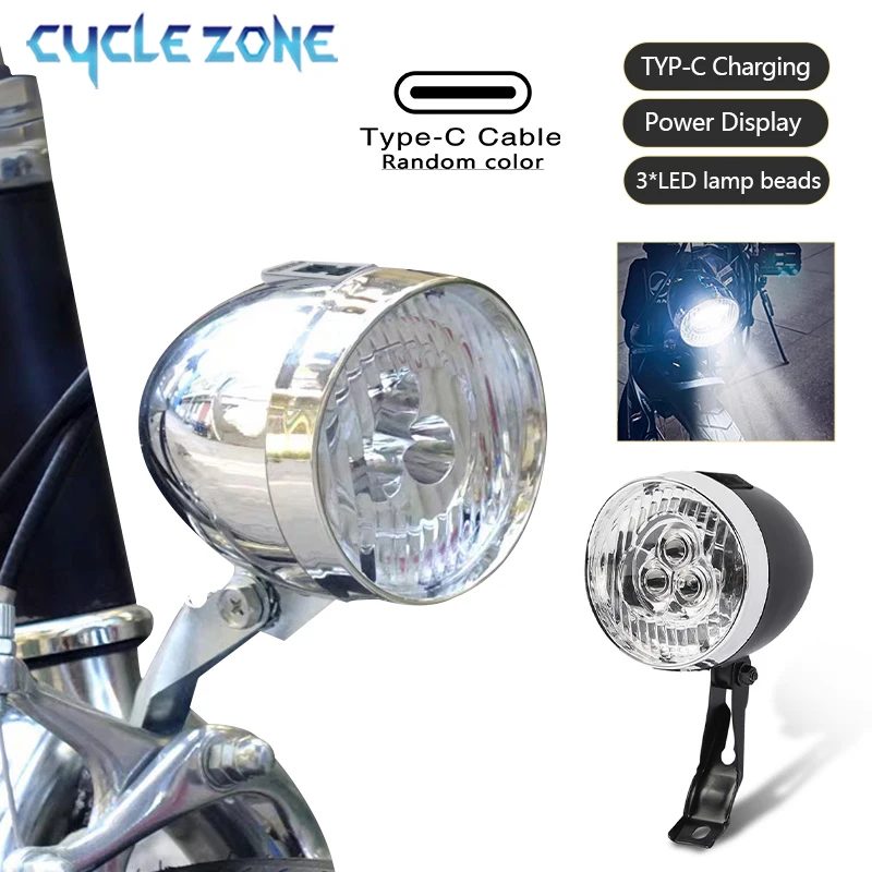 Vintage Fahrrad-Frontlicht, 3-LED-Fahrradscheinwerfer, MTB-Taschenlampe, Retro-Design, Fahrrad-Stirnlampe für Nachtfahrten, Schwarz, Silber