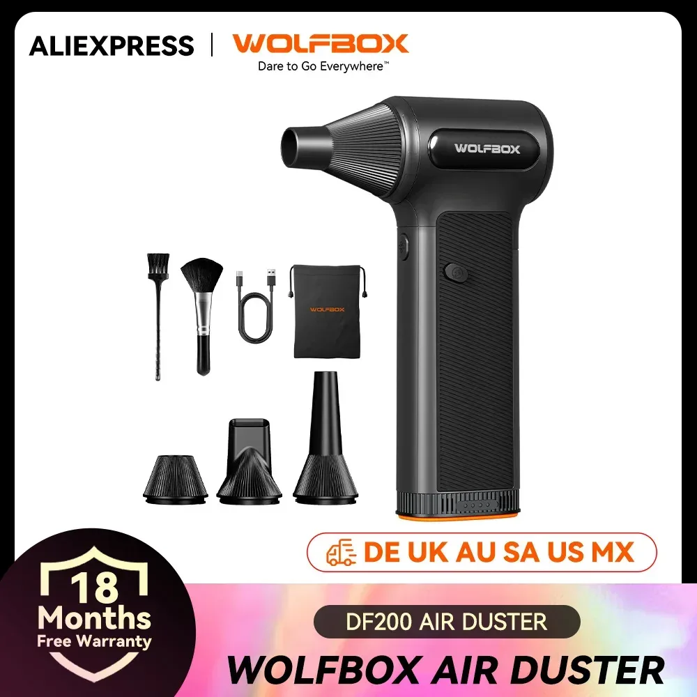 WOLFBOX DF200 Tragbarer Lüfter-Staubentferner Luftgebläse 320g Winddruck Abnehmbarer Akku für Auto/Zuhause/Outdoor