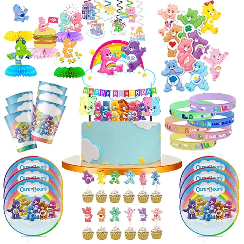 Care Bear Partyzubehör Einwegteller Servietten Tischdecke Tortendekoration Geschenktüten für Kinder Geburtstagsfeier Dekorationsset Geschenke