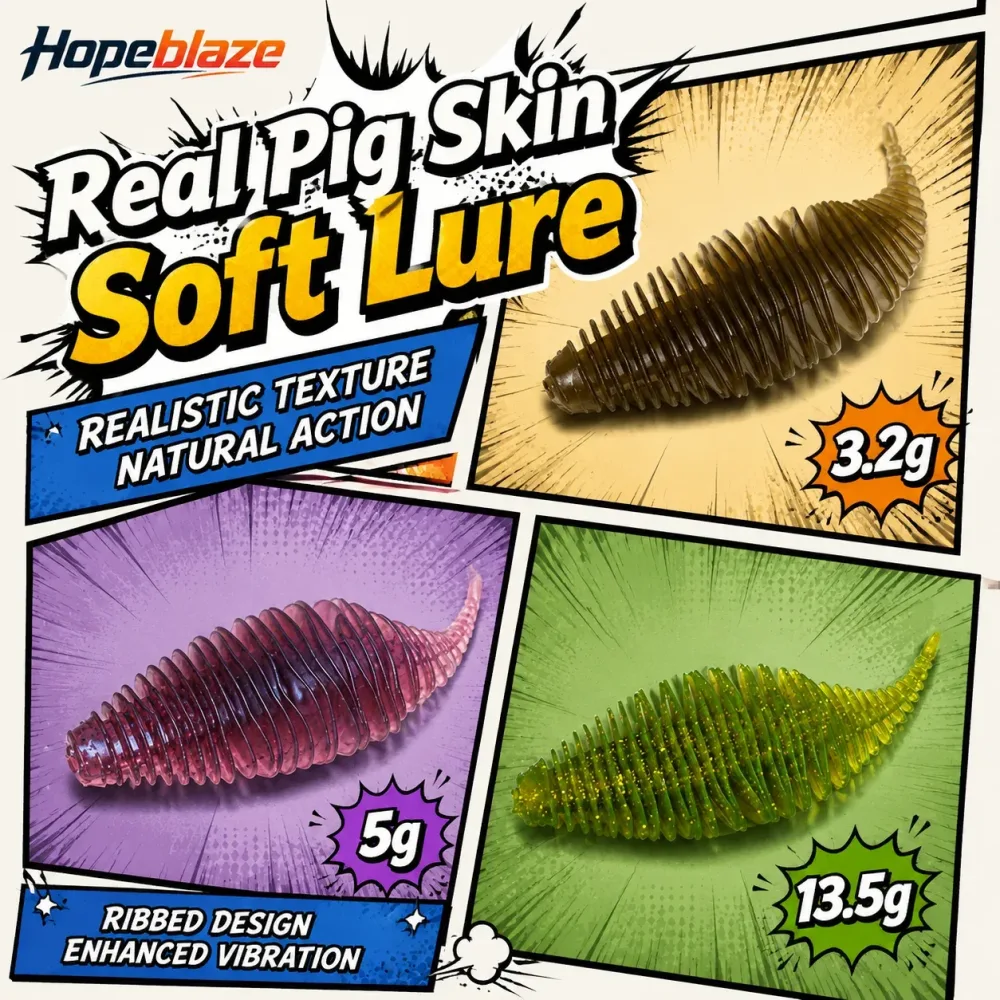Hopeblaze Needle Tail Soft Worm Lures, 5 Stück, gerippter, flacher Blatt-Raupenköder mit Schweinehautduft, verschiedene Größen für Barsch, Brassen, Süßwasser