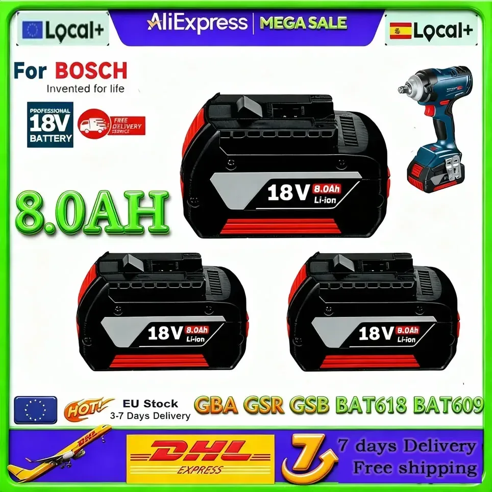 18V 8,0Ah Wiederaufladbarer Akku für Bosch 18V Ersatzakku Tragbarer Ersatz für GBA GSR GSB BAT618 BAT609 BAT620
