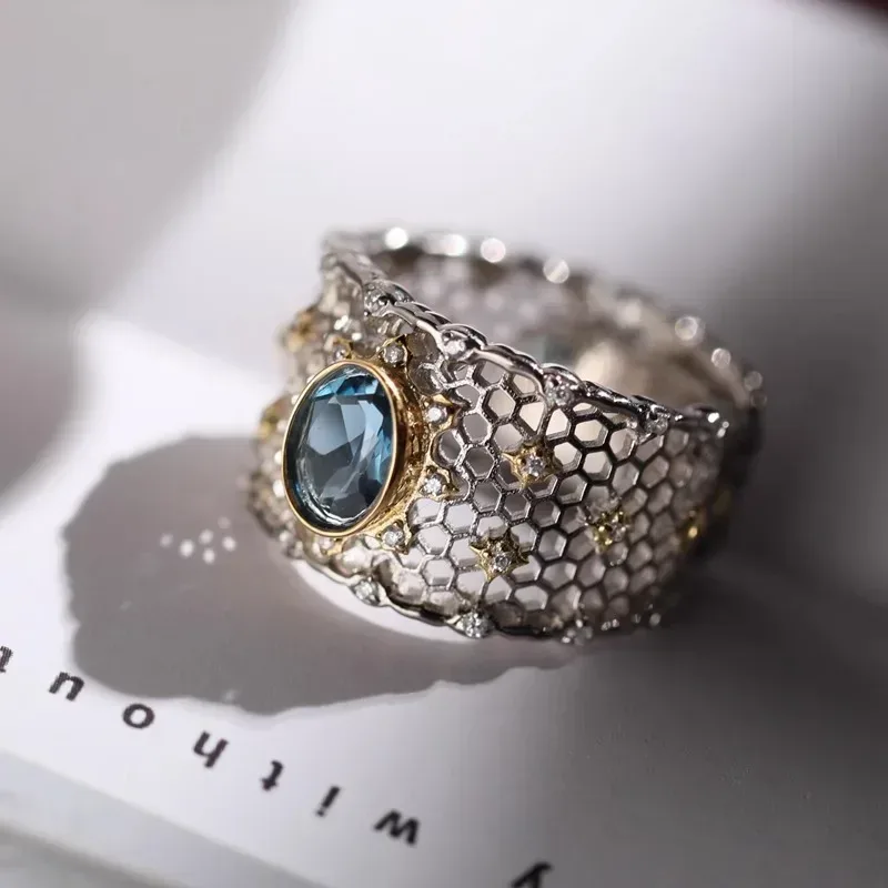 925 Sterling Silber Topas-Ring für Frauen Geschenk Spitze Ausgehöhlter Breiter Vielseitiger Anmutiger Vintage-Schmuck Dropshipping