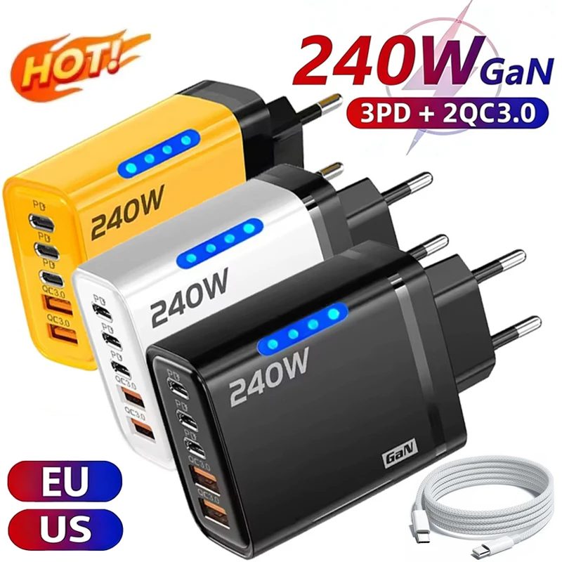 5-in-1 GaN USB-C Desktop-Ladegerät 240W Schnellladegerät mit geflochtenem Typ-C-Kabel für iPhone, Samsung, Xiaomi, EU/US-Stecker