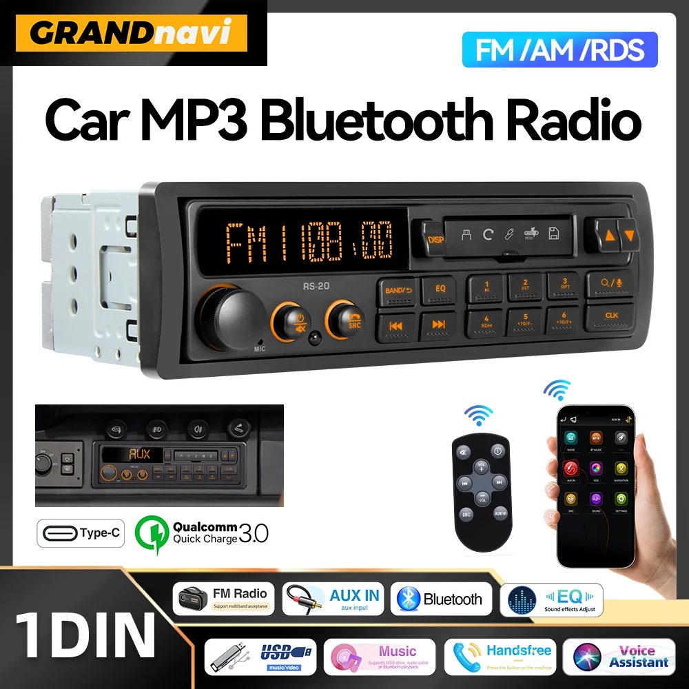 Retro MP3-Autoradio-Player 1 DIN Stereo EQ FM AM RDS DAB-Empfänger QC3.0 Bluetooth USB AUX-Eingang für VW Porsche Mercedes Benz BMW