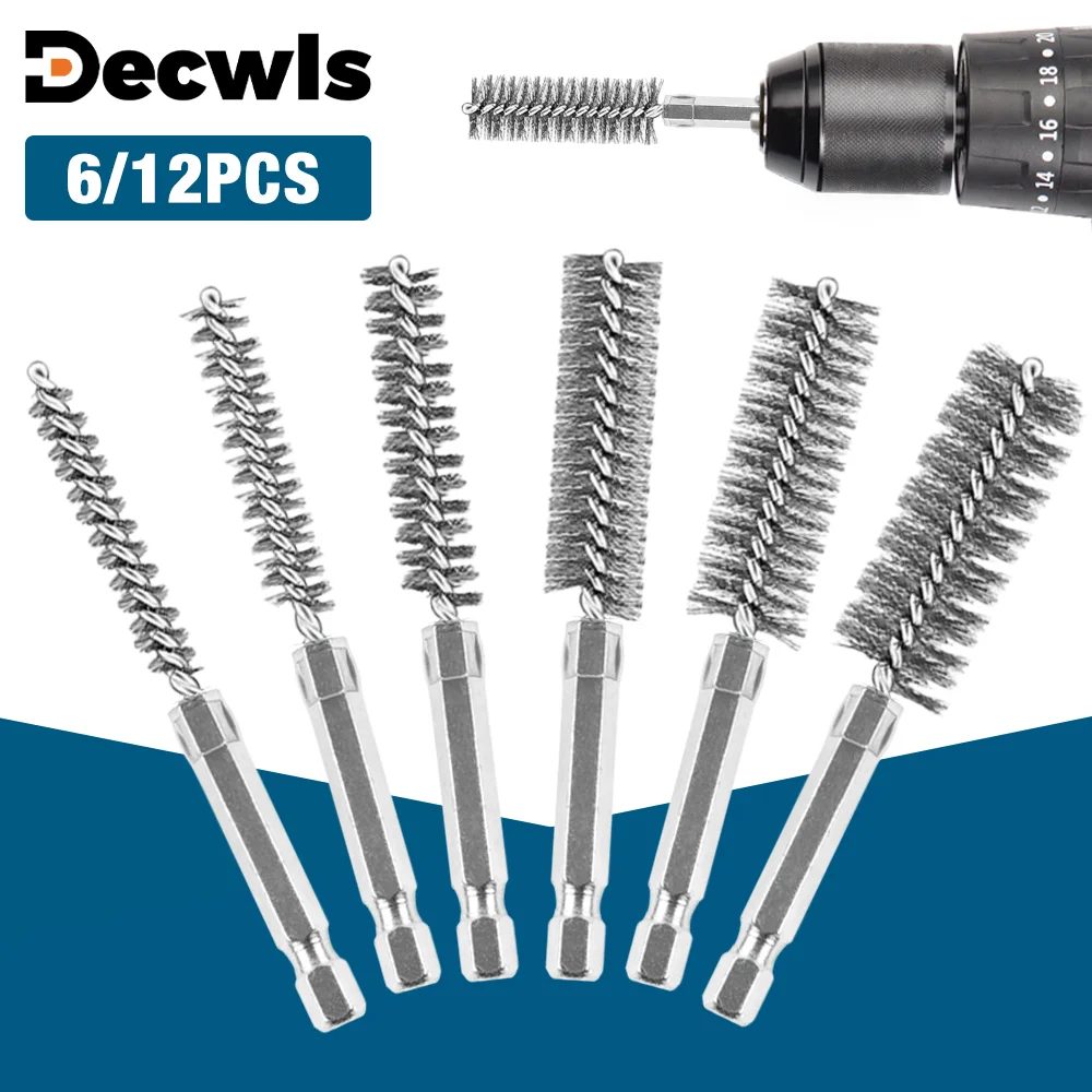 6/12-teiliges Edelstahl-Drahtbürsten-Set, Bohrreinigungsbürsten-Set, 1/4-Zoll-Sechskantgriff, 8 mm, 10 mm, 12 mm, 15 mm, 17 mm, 19 mm Haushaltsschleif-, Polier-, Reinigungs- und