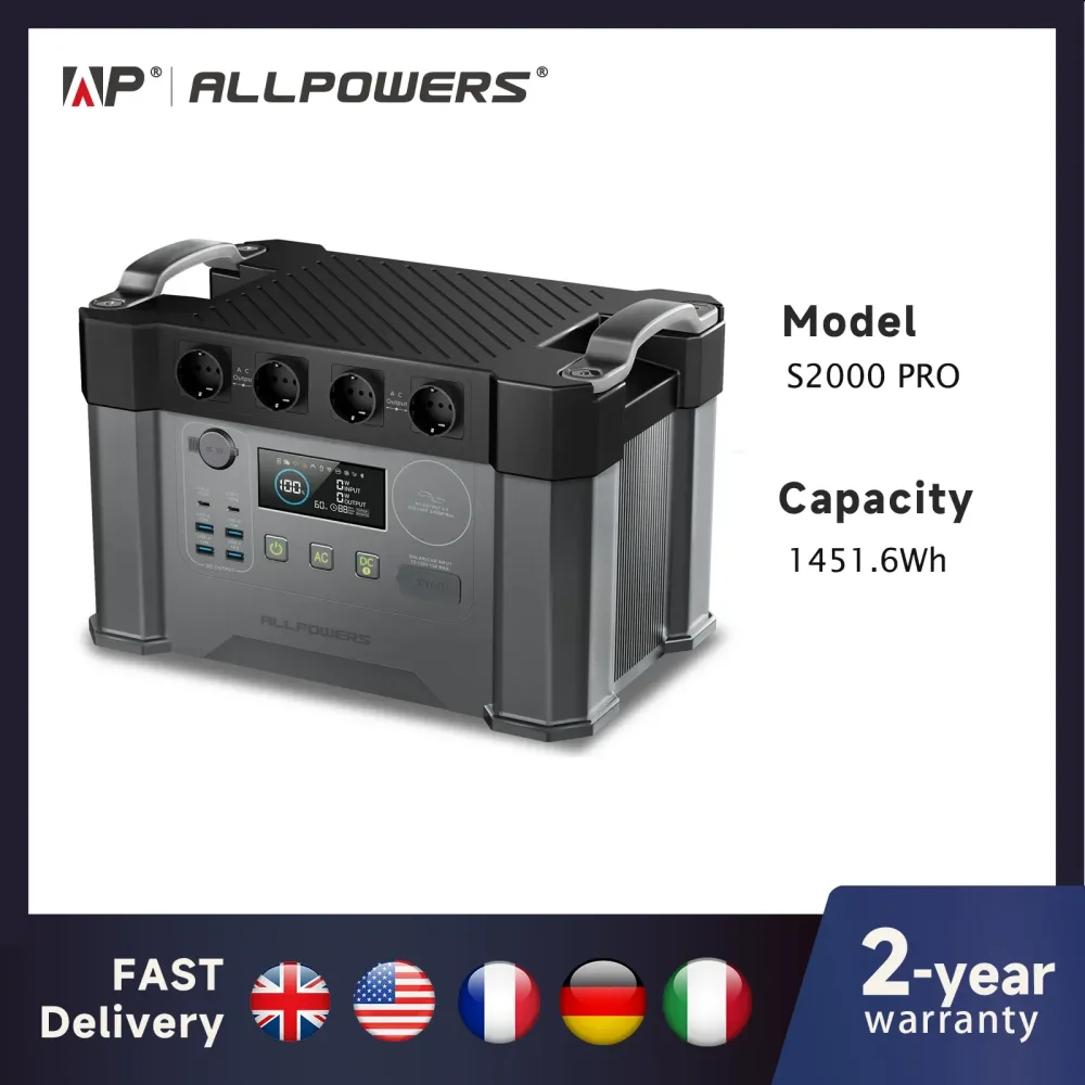 ALLPOWERS S2000 PRO Solargenerator 2400W Batterieladegerät 110/230V Reine Sinuswelle AC-Steckdose & SE100 2×100W Tragbares Solarpanel