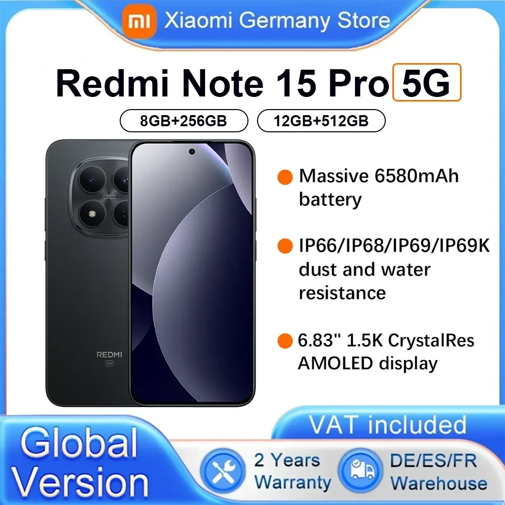 Globale Version Xiaomi REDMI Note 15 Pro 5G Smartphone 5G 6,83' 6580mAh 45W Ladung 200MP Hauptkamera IP66 IP68 IP69 IP69K