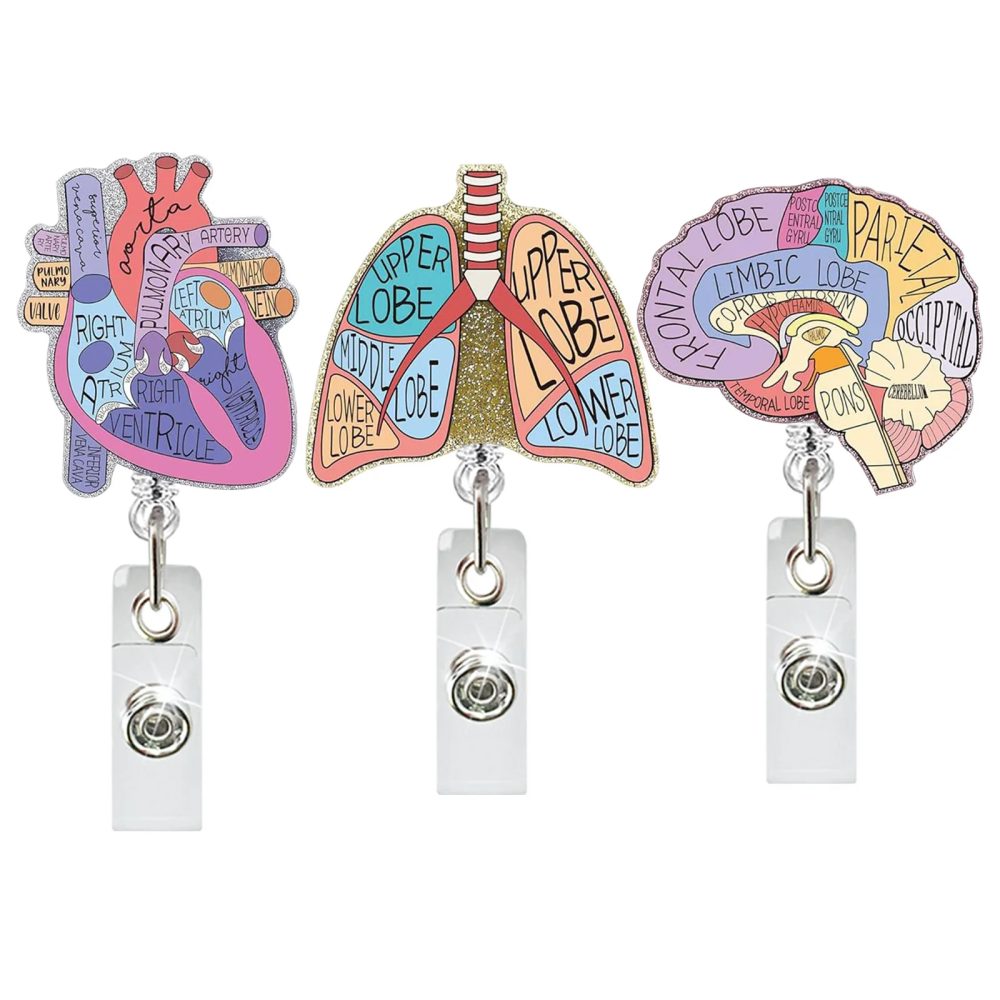 Medizinische Herz Lunge Gehirn Acryl Glitter einziehbare Abzeichen Rolle rotierende Krokodil Clip ID Abzeichen halter für Arzt Krankens ch wester