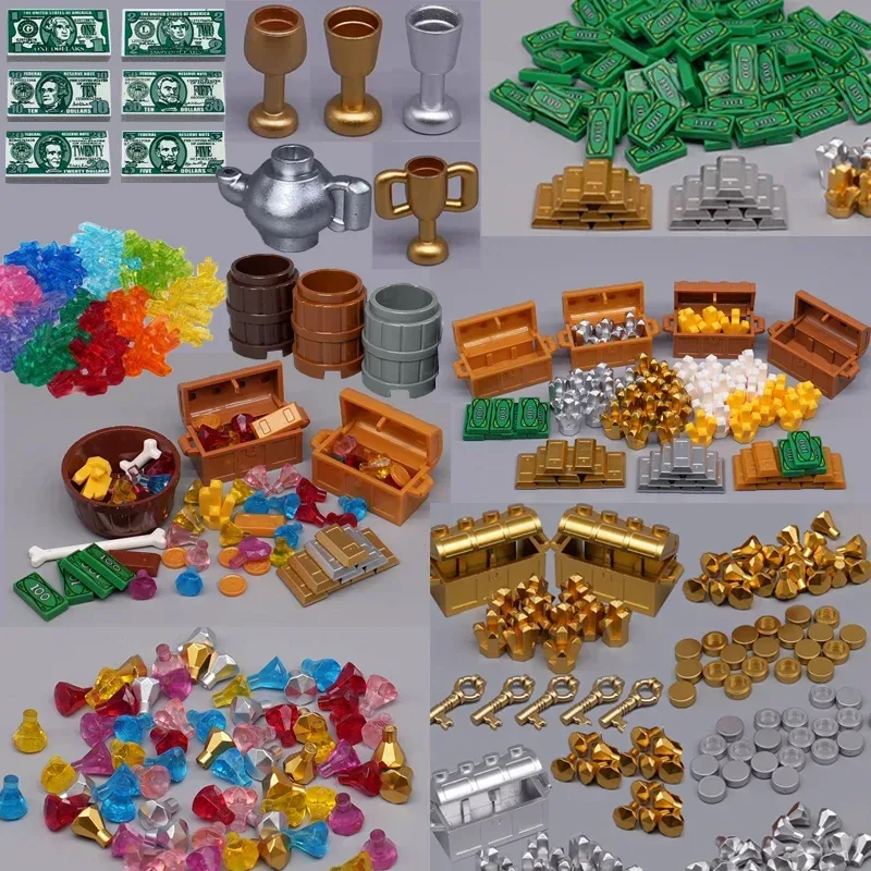MOC Stadt Schatz Serie Set Zubehör Bausteine Gold Erz Silber Kristall Diamant Box Gold Schlüssel Dollar Bargeld Ziegel Kind Spielzeug