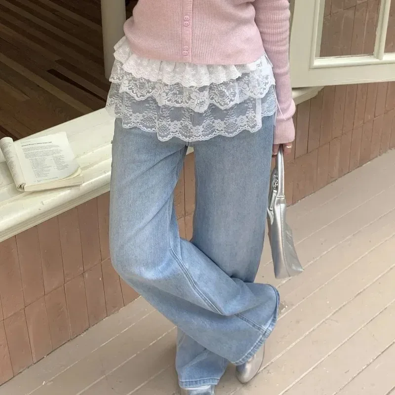 Koreanische Mode Spitzenrock mit unregelmäßigem Saum, weiße Blumen, Spitzen-Mesh-Halbrock für Damen, Sommer-Unterteil, Jeans-Dekorationsauffrischung
