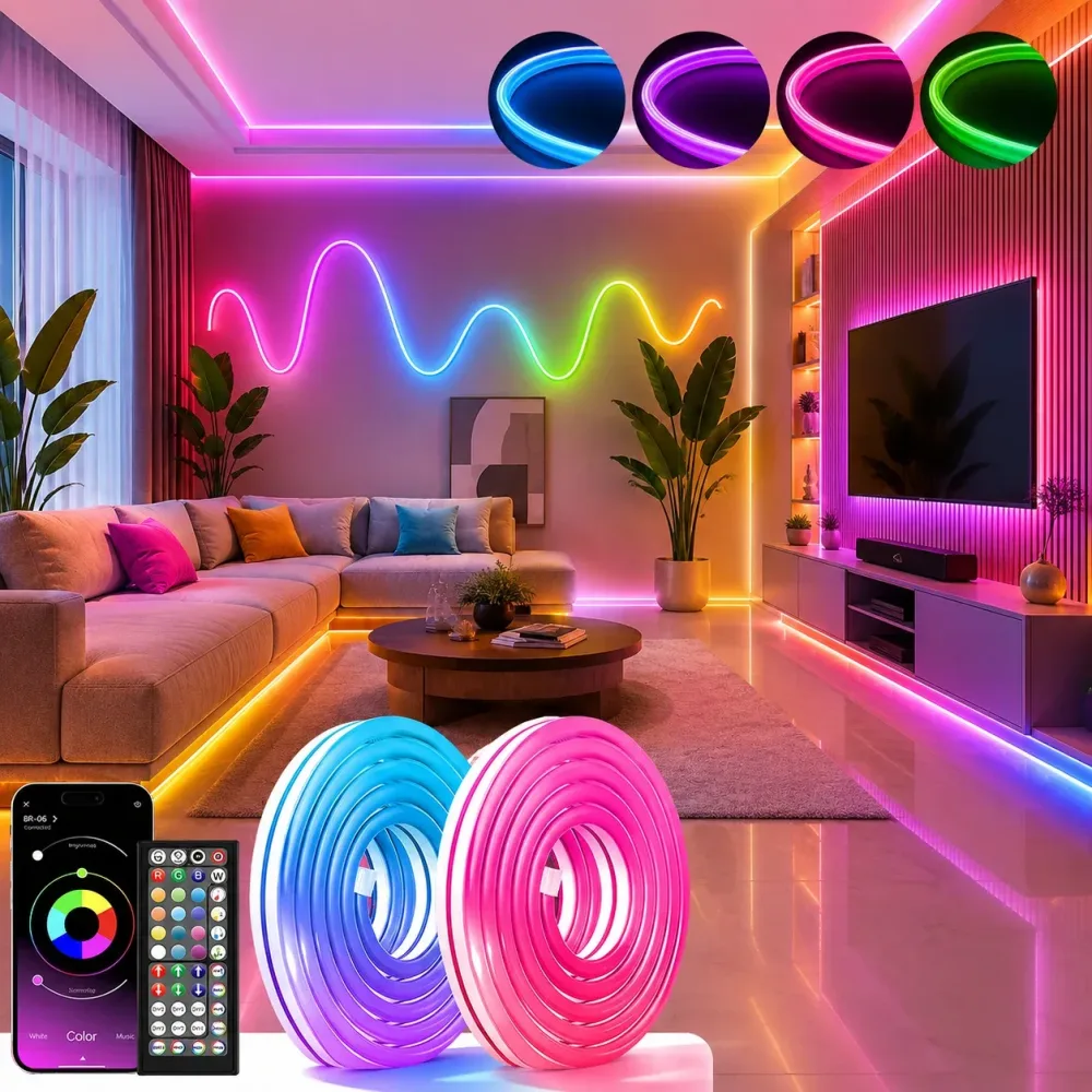 Aiopp RGB LED Neon-Streifenlicht für den Innenbereich mit Fernbedienung & App-Steuerung, 16 Millionen Farben, wasserdicht, musikgesteuert, zuschneidbar, flexibles Seillicht für Schlafzimmer, Zuhause,