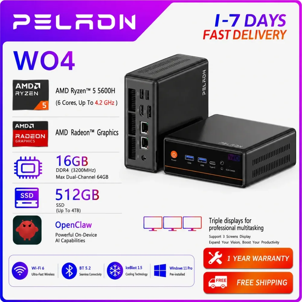 PELADN WO-4 Gaming Mini-PC, AMD Ryzen 5 5600H (6C/12T, bis zu 4,2 GHz), 16GB DDR4/512GB SSD, Type-C/DP/HD, WiFi6 4K/60Hz Dreifach-Display