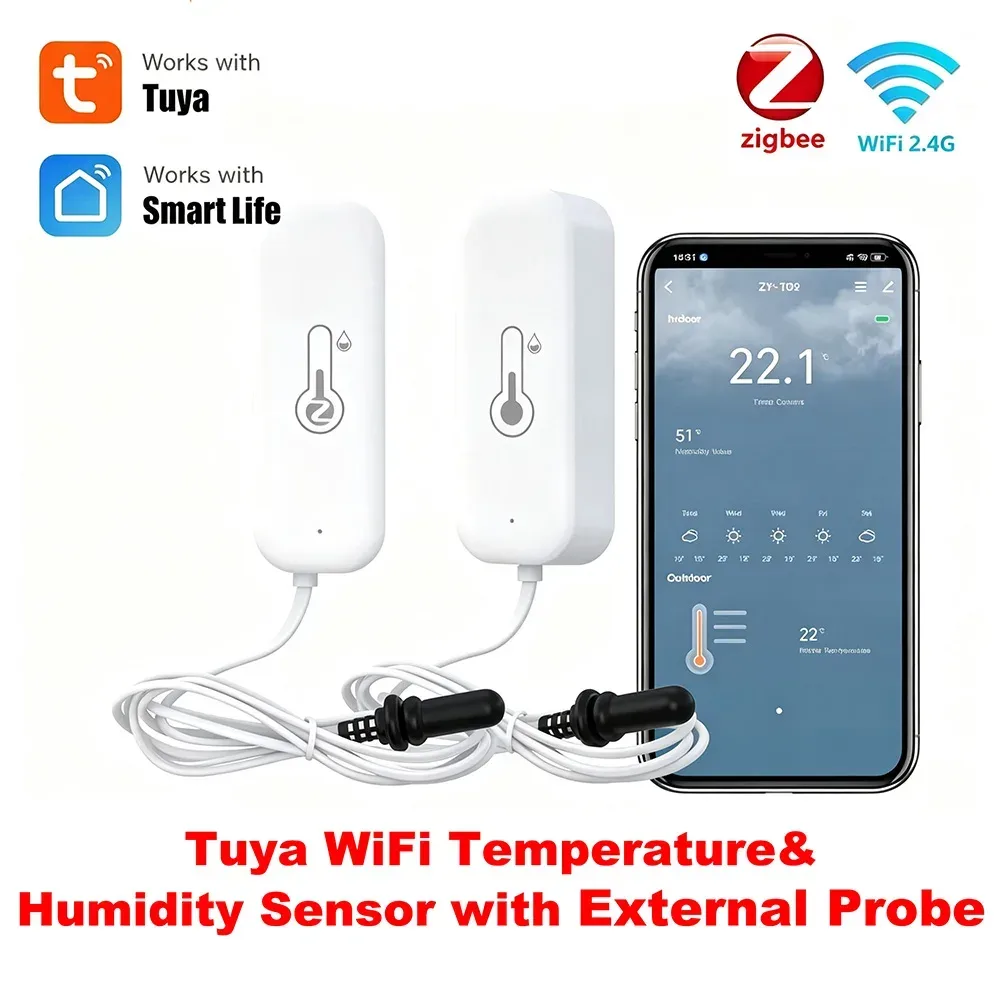 Tuya Zigbee WLAN Temperatur- und Feuchtigkeitssensor mit Externer Sonde, Smart Home Kompatibel mit Smart Life Google Home Alexa