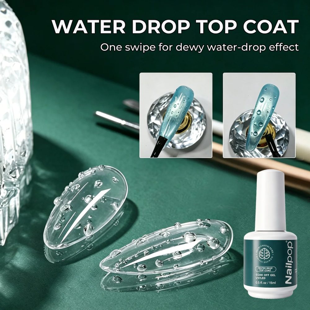 Nailpo HEMA/TPO-freier Water Drop Top Coat, kein Abwischen, selbstnivellierend, 5 Sekunden Aushärtung, langanhaltend, 15ml, perfekt für 3D-Effekt, Qualität 1/2 Stück