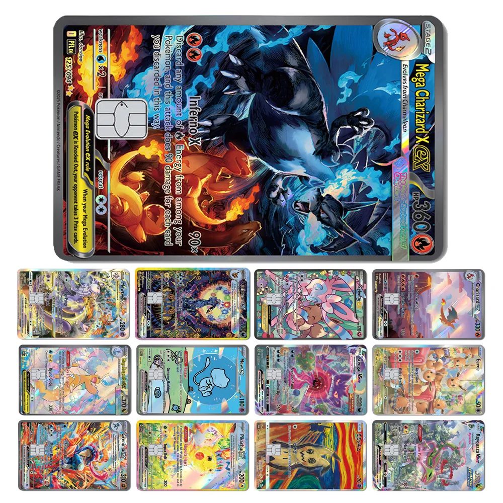 Magic Shark Mew Charizard EX Eevee Gengar Pikachu TCG Karte Holographischer Laser-Skin-Film Aufkleber für Bank- und Kreditkarten