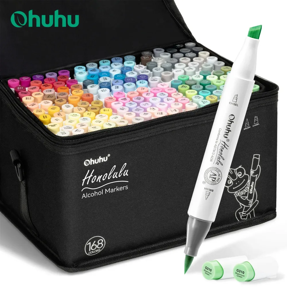 Ohuhu Honolulu 168 Farben Markierungsstift-Set, Alkohol-Kunstmarker, nachfüllbar, Doppelspitzen, Skizzieren, Zeichnen, Manga, Schule, Kunstbedarf