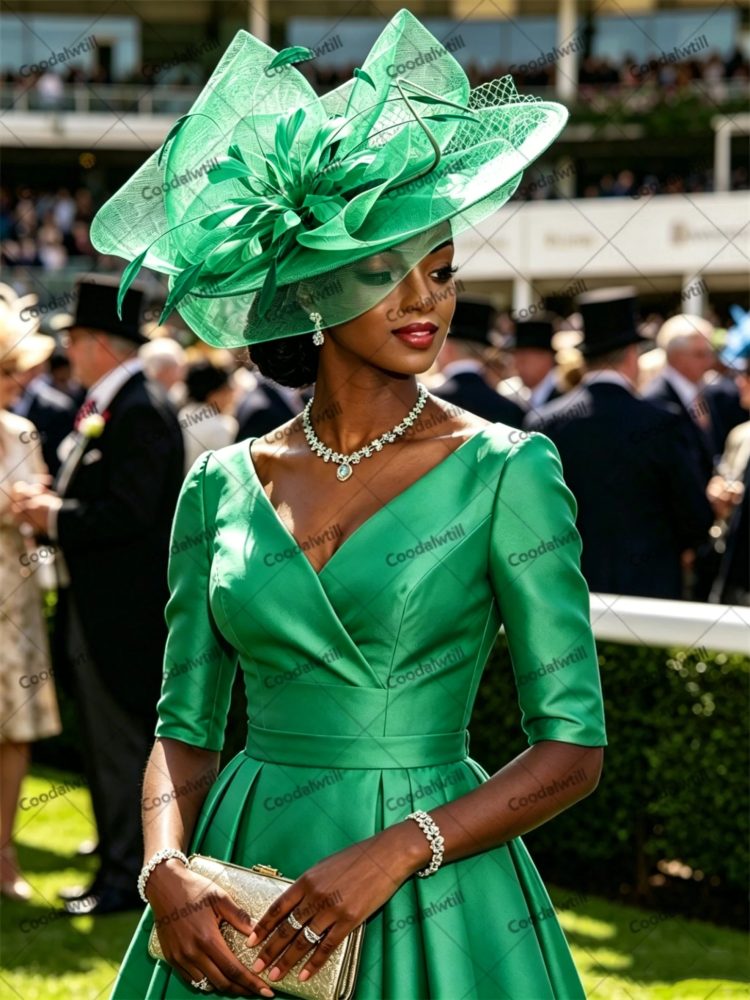 Grüner Brautschleier mit großem Fascinator und Netz-Top-Hat für Damen ? Hochzeit, Kirche, Royal Ascot, Millinery-Kappe, Kentucky-Kopfschmuck