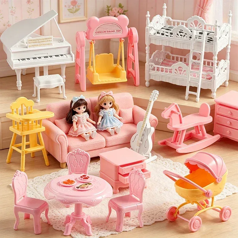 1/12 Maßstab Puppenhaus-Möbelset: Simuliertes Kinderbett, Klavier, Esstisch, Schaukel ? Spielzeug für Kinder zum Rollenspiel & Puppenhaus-Dekoration