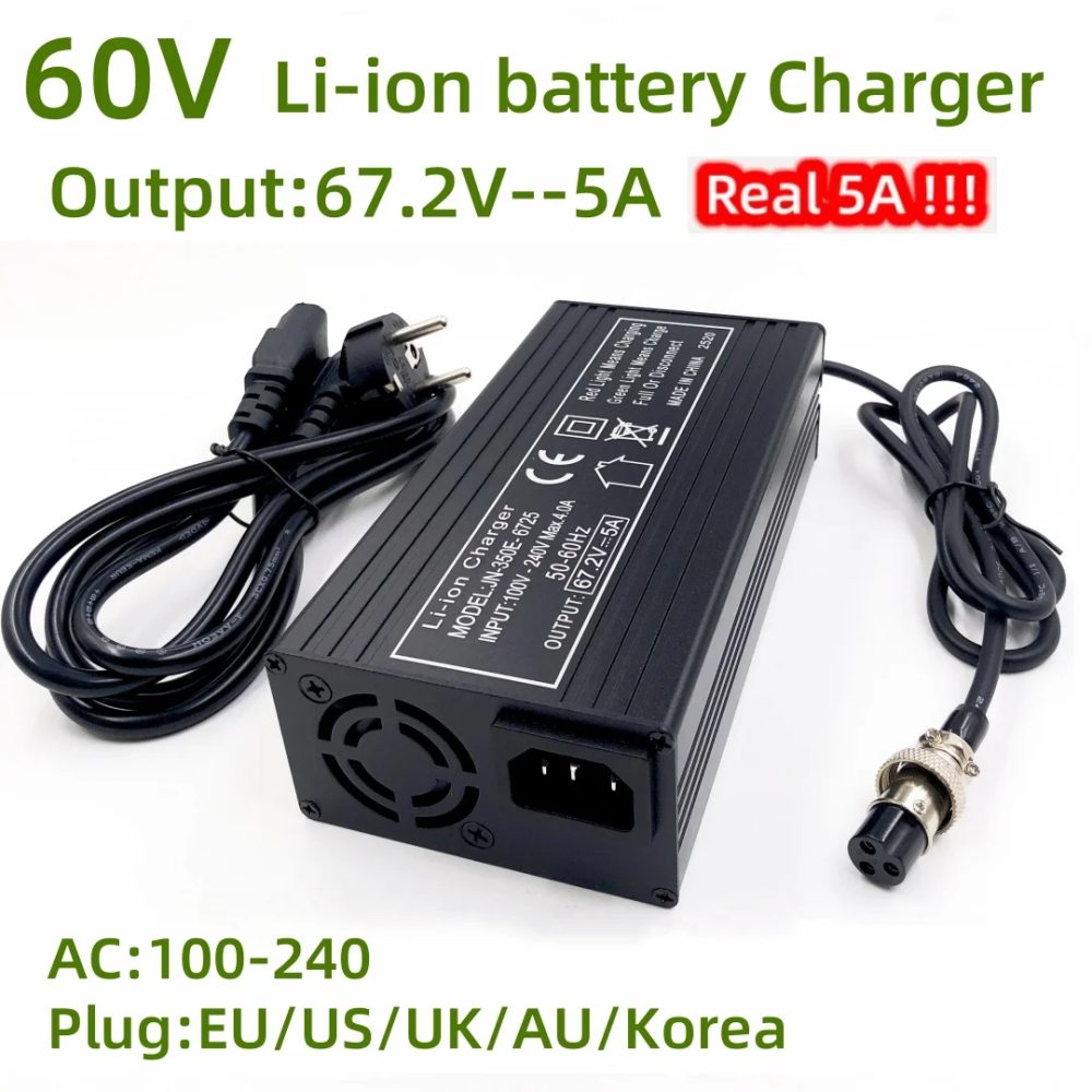 67,2V 5A Schnellladegerät für 60V Schubkarren-Harley 16S 60V Lithium-Batterie GX16 Anschluss mit Lüfter und Metallgehäuse