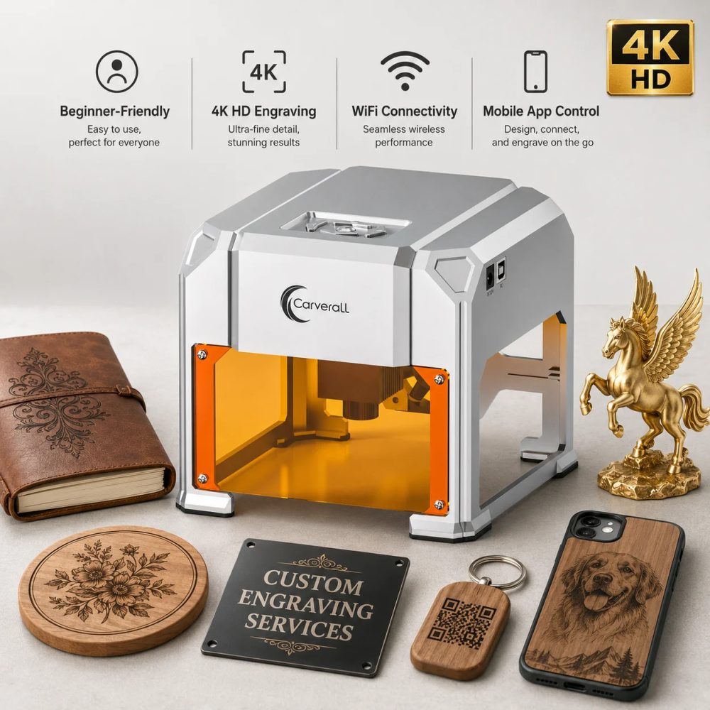 Carverall K4 3W Lasergravierer, Tragbare Mini-Graviermaschine mit WiFi-App-Steuerung und USB, 80 x 80 mm, Bis zu 0,01 mm Präzision, für Holz, Bambus, Leder, Papier, Karton, DIY-Geschenke,