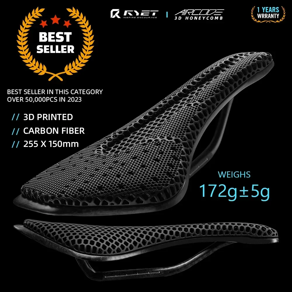 RYET Full Carbon 3D-gedruckter Sattel, ultraleicht, hohl, bequem, atmungsaktiv, für MTB, Rennrad, Rennrad, Fahrradsitz, Fahrradzubehör