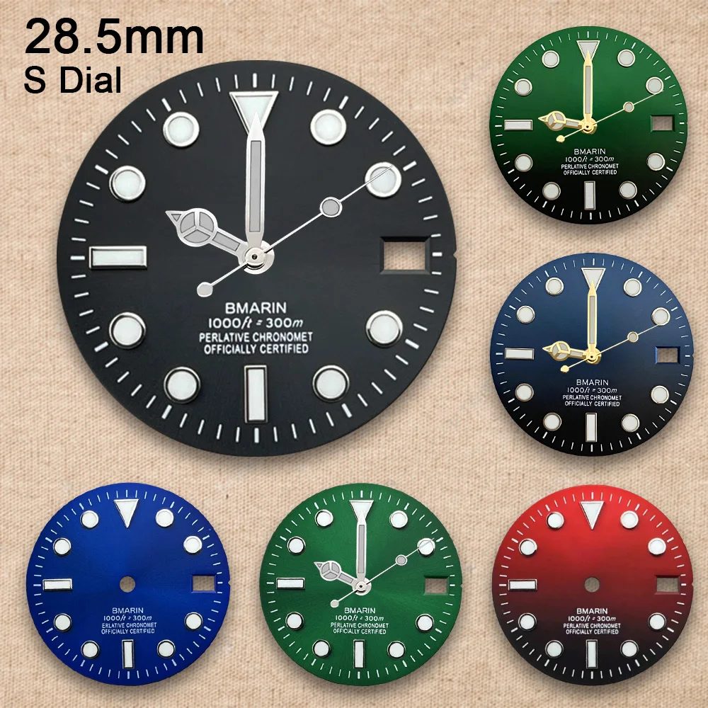 28,5 mm S-Logo SUB-Farbverlaufszifferblatt, passend für NH35/7S-Uhrwerk, eisblaues, leuchtendes Uhrenmodifikationszubehör