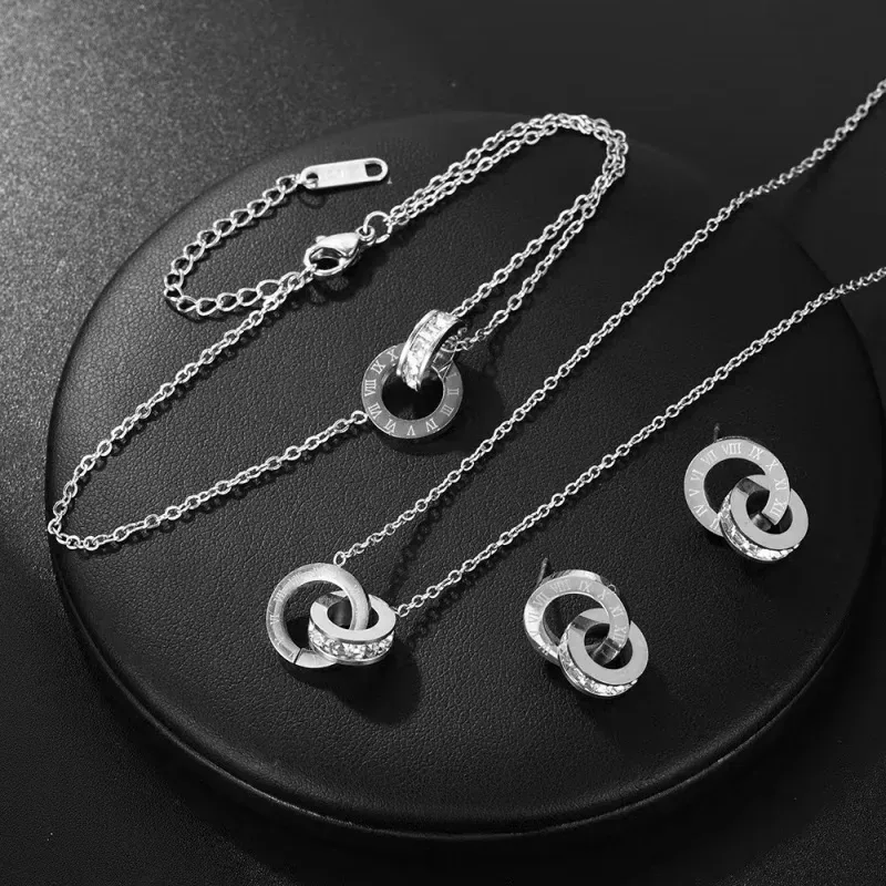 3 Stück Edelstahl vergoldet Französische römische Ziffer Zirkon Halskette Armband Ohrringe für Damen Mode Rostfrei Schmuck