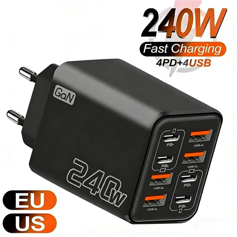 240W GaN USB-C-Ladegerät 8-in-1 Schnellladegerät für Handys, Netzteil für iPhone, Samsung, Xiaomi, Typ-C, EU/US-Stecker, Wandladegerät