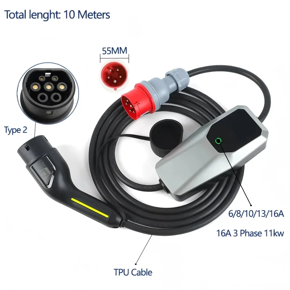 EV-Ladegerät 11 kW 22 kW DC-Schutz 16 A/32 A 3-phasig für Elektroauto 6 A-16-32 A 4/10/15 Meter tragbares Heimladegerät