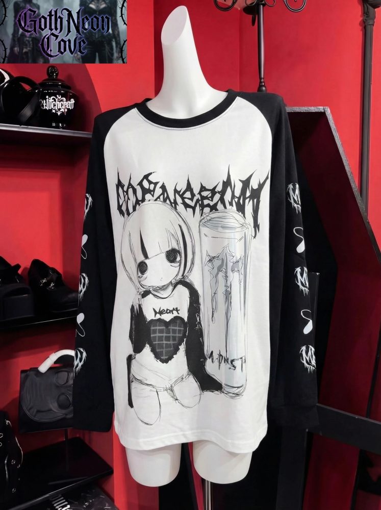 Frühling Herbst Japanisches Yami Kawaii Girly Goth T-Shirt Langarm O-Ausschnitt Bedrucktes Loses Oberteil Jirai Kei Subkultur Lässiges Shirt Damen