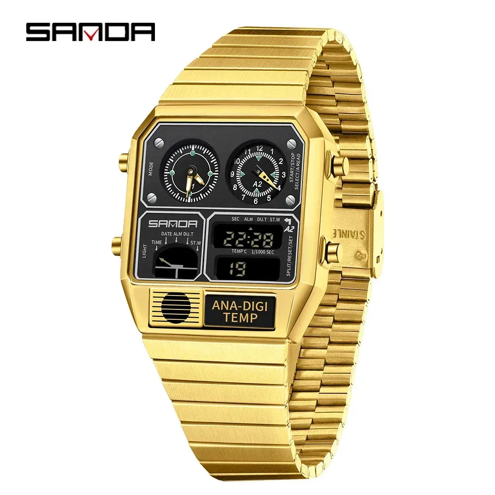 SANDA 3192 Quadratische elektronische Uhr für junge Männer, lässige multifunktionale Armbanduhr mit Thermometer, Stoppuhr, Chronograph