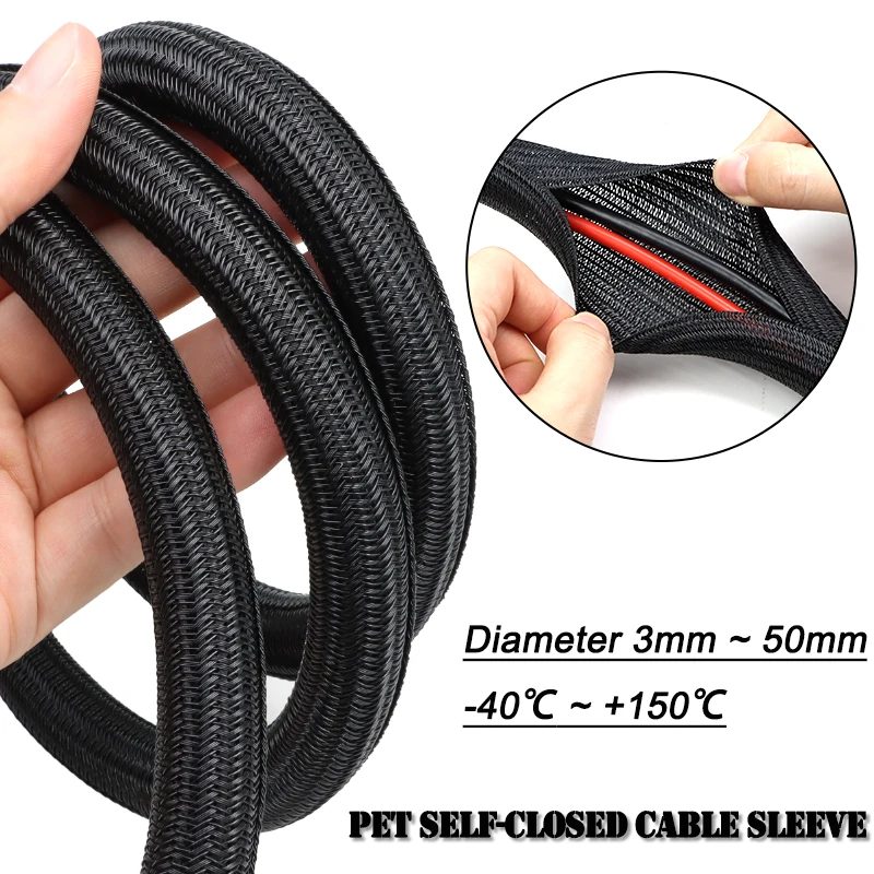 2/10 m schwarze, selbstschließende, geflochtene PET-Kabelhülse, Durchmesser 3 mm ~ 50 mm, verschleißfeste, isolierte Kabelorganisator-Kabelmanagementhülle