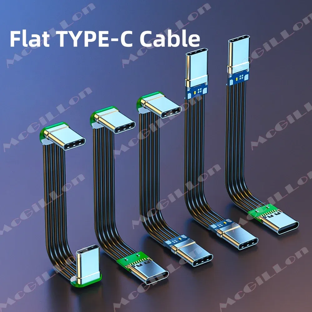 Flaches Silikonkabel vom Typ C auf USB-C mit abgewinkeltem Ladekabel links/rechts nach oben/unten, unterstützt 60 W, 480 m, schnelle Geschwindigkeit und mehreren Längen