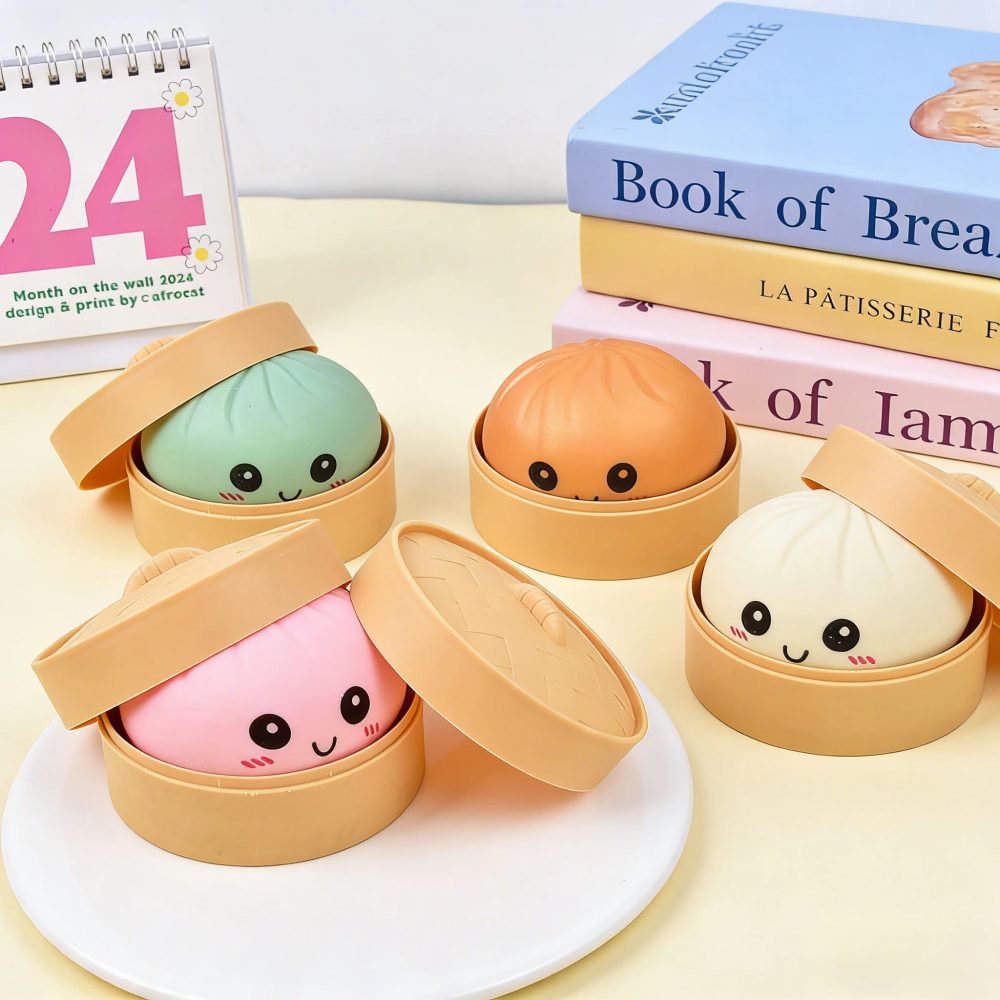 Simulierter Knödel-Squishy: Weicher, elastischer Stressball mit Bambus-Dampfgarer-Box ? Anti-Stress-Spielzeug für kreative Geschenke