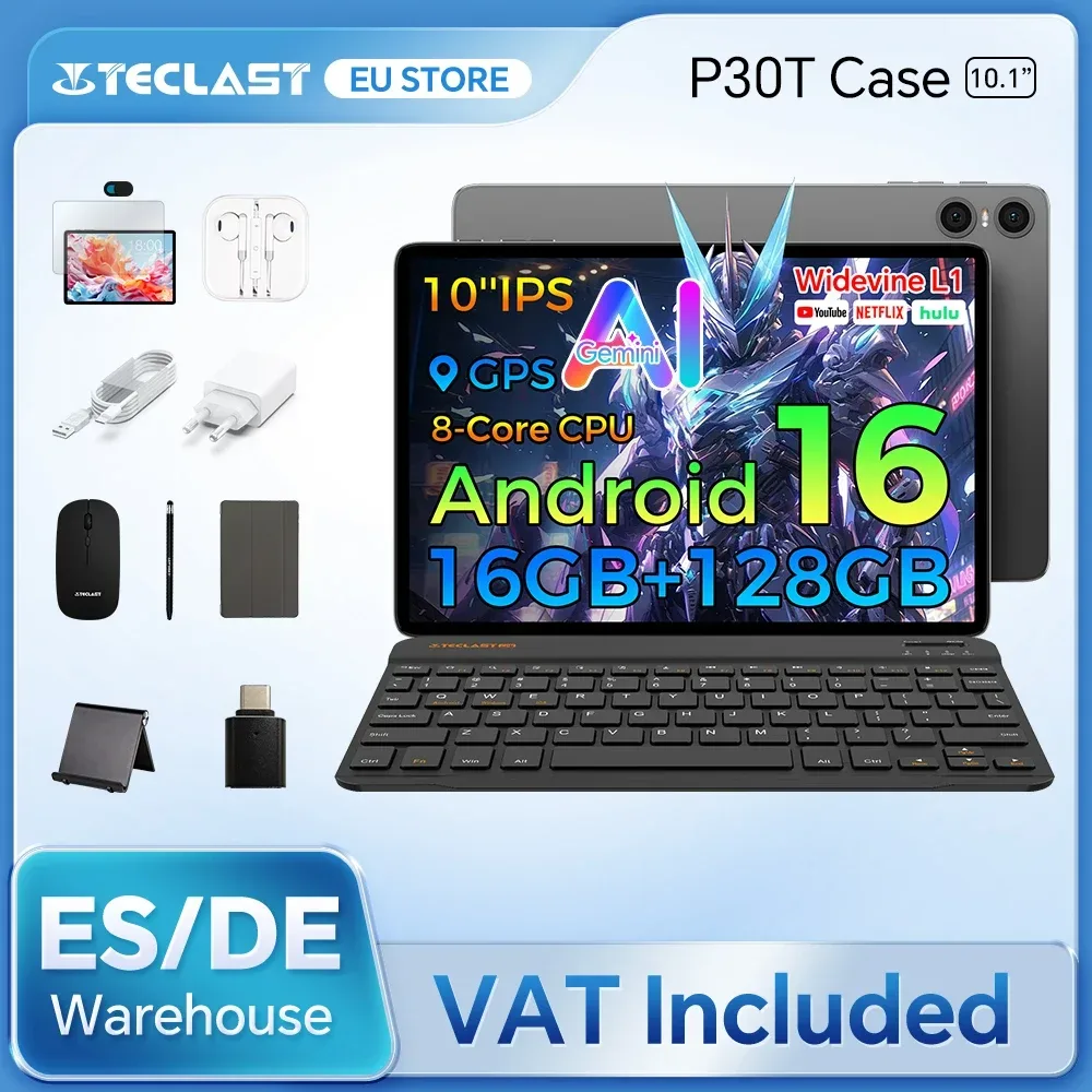 Teclast P30T Hülle 10,1 Zoll Tablet Ai Gemini Android 16 16 GB (3 GB + 13 GB Erweiterung) RAM 128 GB ROM T7250 8-Core All-in-One Tastatur/Hülle/Maus/Stylus/Kopfhörer/Tablet-Ständer