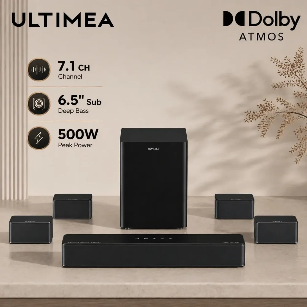 ULTIMEA Poseidon D80 Boom 7.1-Kanal 500W Dolby Atmos Soundbar, Kabelloser Subwoofer & 4 Surround-Lautsprecher, Heimkino-TV, APP-Steuerung