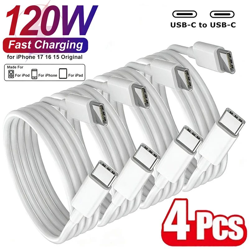 4 Stück 120W USB-C Ladekabel für iPhone 16 15 17 Pro Max, schnelles Laden, geflochtene USB-C-Kabel, USB-auf-Typ-C-Datenkabel