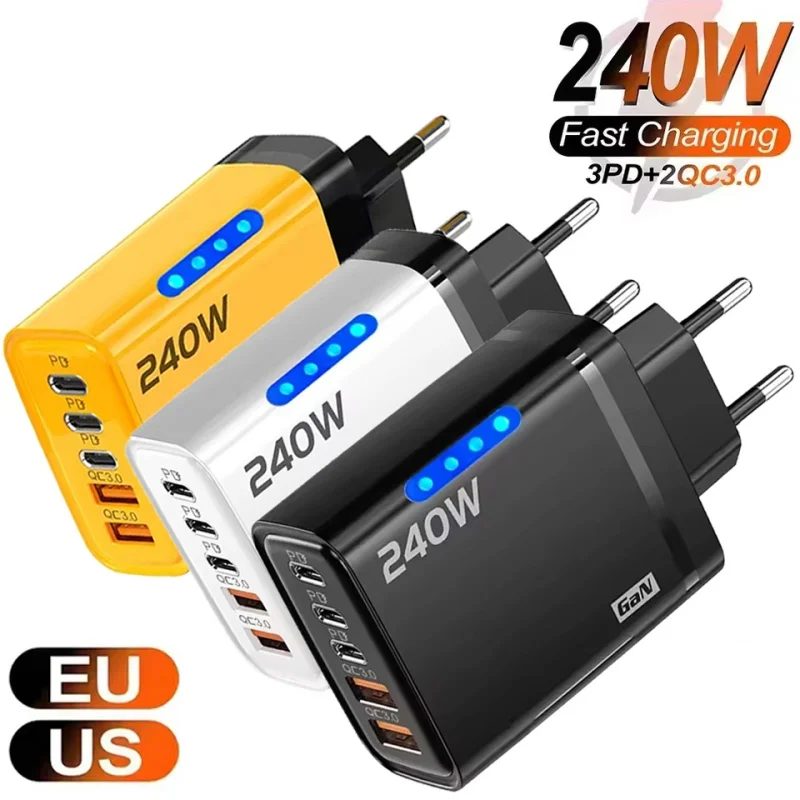 240W GaN 5-in-1 Schnell-Ladegerät USB-C Ladegerät Netzteil Typ C EU/US-Stecker Wandladegerät für iPhone Samsung Xiaomi