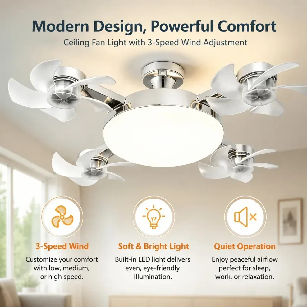 E27 3-in-1 Ventilator-Glühbirne im Drohnen-Design mit 3/4 Flügeln, Fernbedienung, Deckenventilator-Lampe AC85V-265V für Schlafzimmer, Restaurant, Wohnzimmer