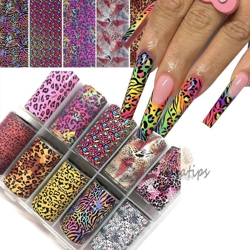 10 Rollen Transferpapier mit Leopardenmuster, Nagelkunstfolie, Tiermuster, Transferaufkleber, Wraps, Tipps, Aufkleber, Maniküre-Dekorationen