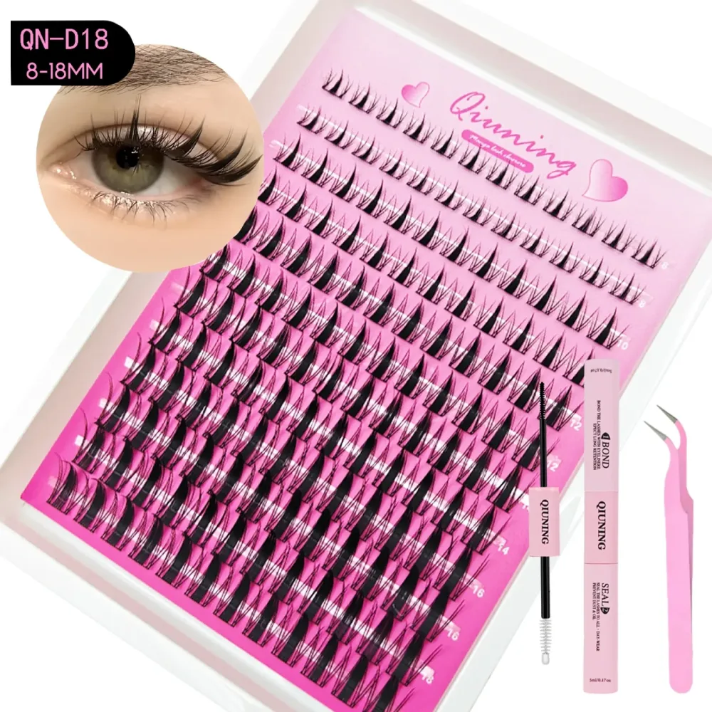 QIUNING Manga Wimpern-Cluster-Set: Katzenwimpern mit Wimpernkleber & Versiegelung, Wimpernverlängerungen im Mix-Tray, Wimpern-Cluster-Kit