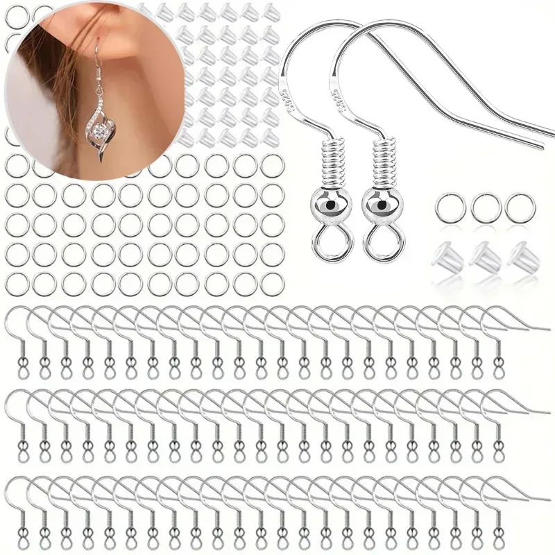 925 Silber Ohrringhaken für die Schmuckherstellung, 300 Stück DIY hypoallergene Goldohrringzubehör mit Biegeringen, Ohrring-Verschlüsse-Set