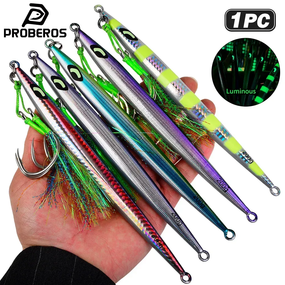 Proberos 1 Stück Simulierter 3D-Fischschuppen-Hardbait, schnell sinkender, leuchtender Metall-Jigging-Köder 60g-200g mit Haken, Bass- und Meerwasserköder