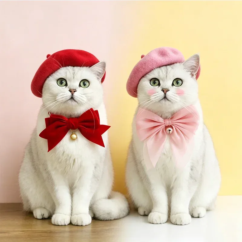 Haustier Katze Hut Kopf bedeckung feine Verarbeitung Kaschmir elegante weiche Baskenmütze Fliege Kragen Dekoration Hunde Mütze Baskenmütze für Dekor Neujahr