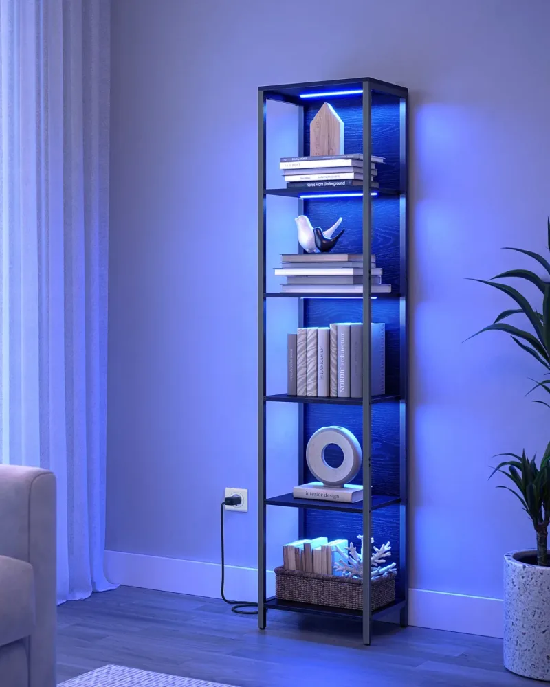 VASAGLE Bücherregal mit 6 Ebenen, Standregal mit Einstellbarer LED-Beleuchtung, Regal mit Stahlrahmen, 30,3 x 40 x 178,6 cm